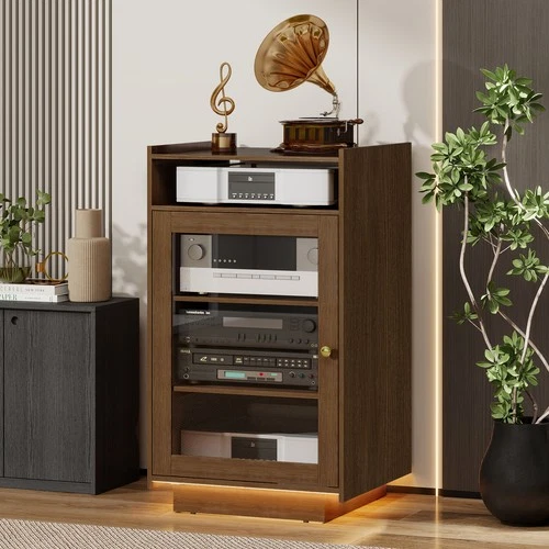 5-Tier Media Cabinet Glass Door LED Lights Adjustable Shelf Cable Management