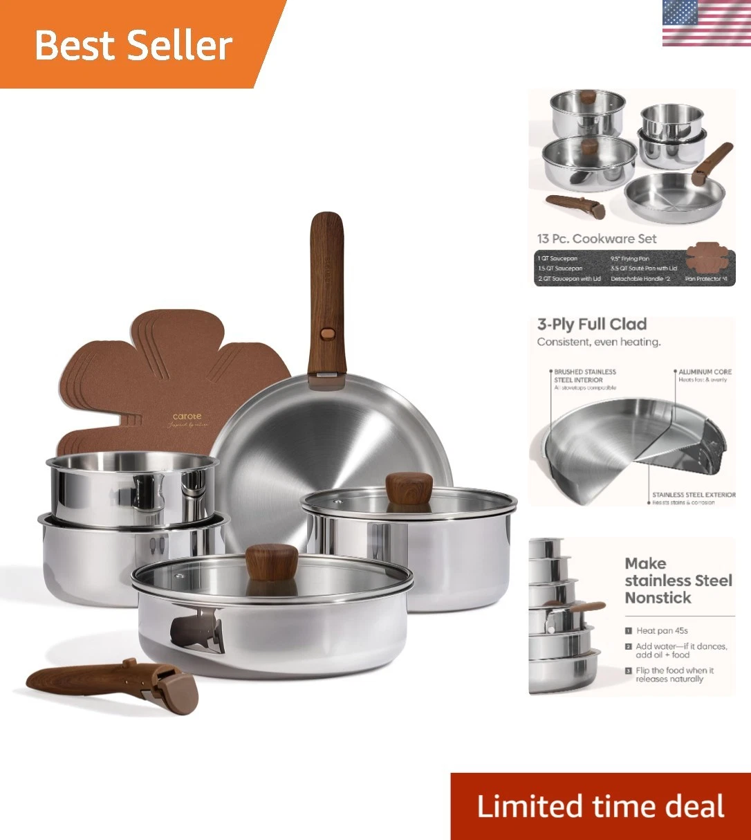 13pcs Tri-Ply Stainless Steel Cookware Set with Detachable Handle, Pots and P...
Opens in a new wind