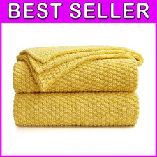 Reversible Yellow  White Cable Knit Blanket, 60x80 Inches