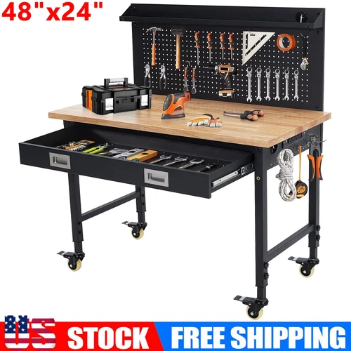 48" Workbench with Pegboard, Power Outlets & Drawer, Adjustable Height Worktable
