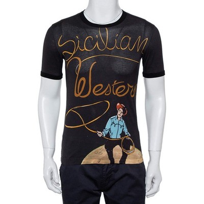 Dolce Gabbana Black Sicilian Western Printed Cotton Crewneck