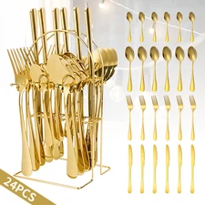 24 Pcs Goldware Set for 6 Stainless Steel Flatware Cutlery Utensil Kitchen Kit