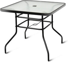32" Square Outdoor Dining Table with Glass Top  Umbrella Hole for Patios