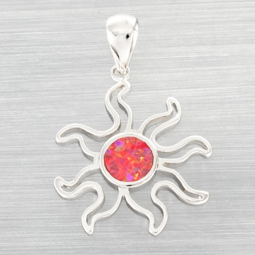 Hollow Sunburst Red Fire Opal Silver Jewelry Necklace Pendant