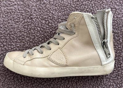 Philippe Model Women s High-Top Leather Sneakers Size 7   Beige, Back Zipper