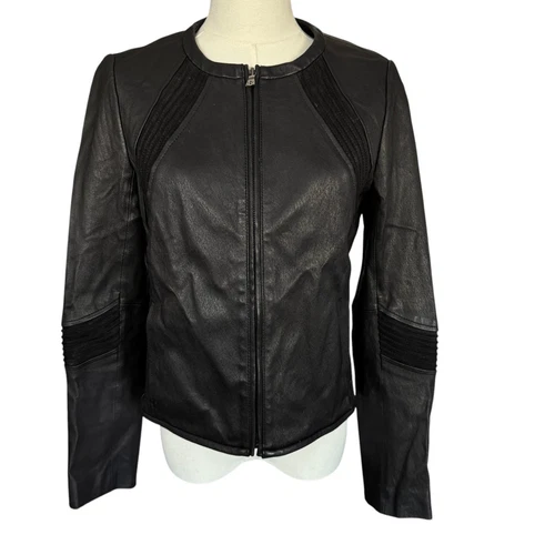 Giacca Tory Burch pelle scamosciata orlo senza colletto full zip nera taglia 6