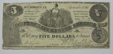 US Confederate Currency September 2nd, 1861 $5 FINE  T-36 ~ Pinholes