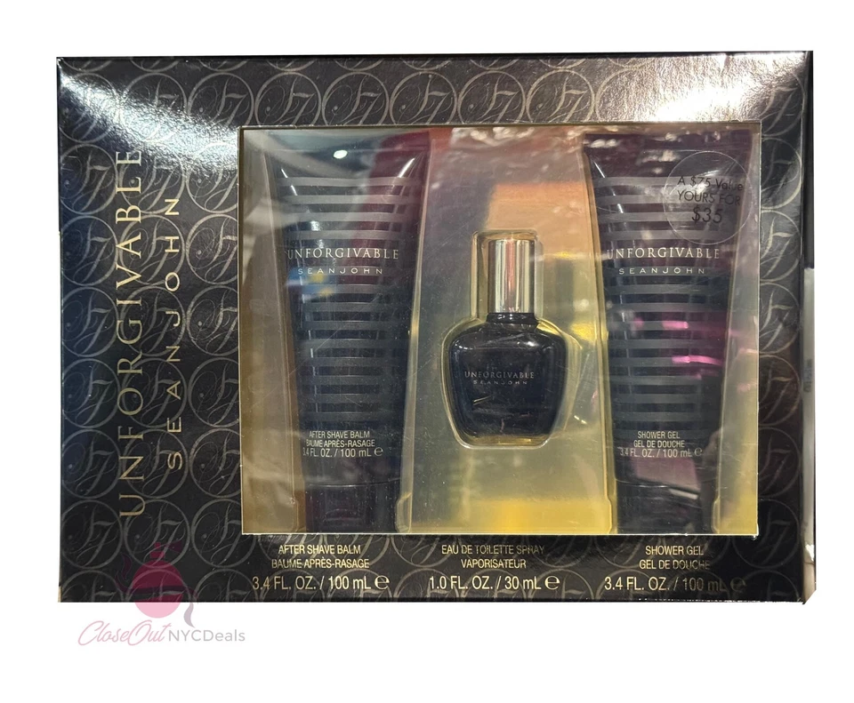 Juego de 3 piezas Sean John Unforgivable para hombres-1,0 oz EDT Sp + 3,4 oz AS bálsamo + gel de ducha Foto 2 de 4