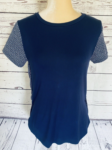 Women’s XS Blouse The Limited Blue White Short Sleeves Soft Front Silky Back - Picture 2 of 11
