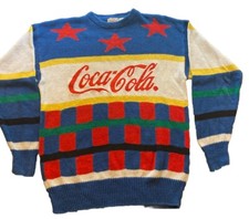 Vintage 1987 Coca-Cola Retro Pullover Sweater Embroidered Color Block Stars Sz M