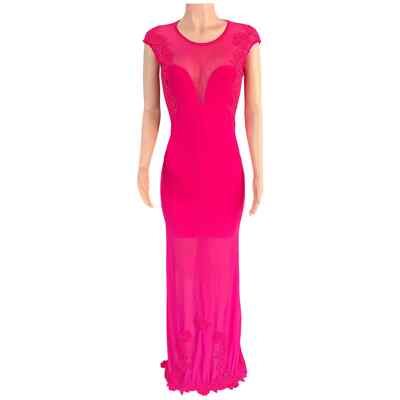 hot pink lycra dress Y2k Mesh Long Pink Fitted Gown Deep V Keyhole Back Sz XS/S _badge_NEW IN