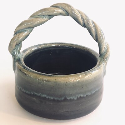Studio Art Pottery Handcrafted Twist Handled Salt Basket Earthenware Signed