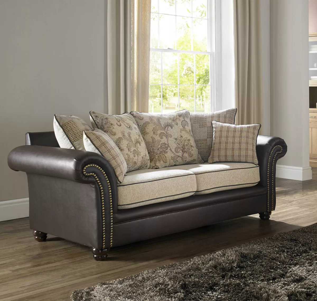 Beige Brown High Quality Fabric Material 3 Seater Sofa Suite