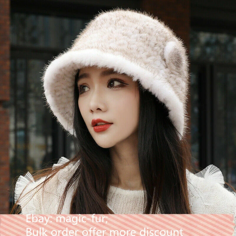 Женская вязаная шапка из натуральной норки ведро шапочки котелок шапка кепка цветок - Изображение 2 из 4