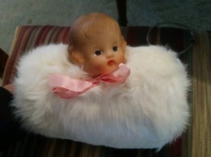 Vintage Childs Muff Doll Head White Rabbit Fur Blondish Hair Brown