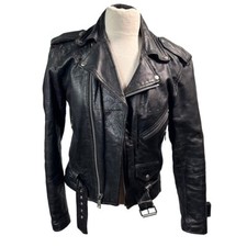 Vintage Genuine Leather Biker Jacket Women  s S Black Belted Zip