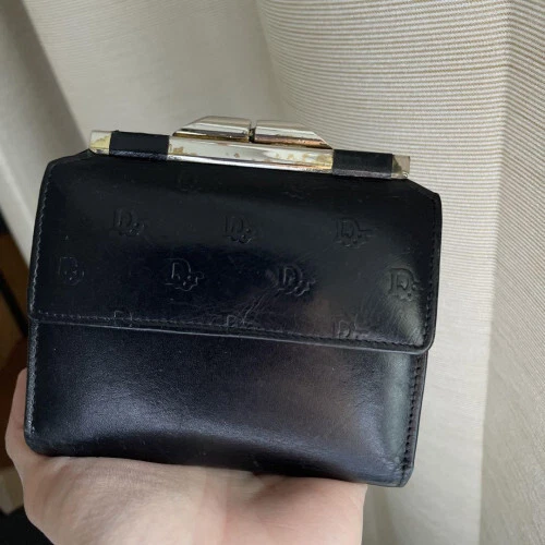 Portefeuille vintage Christian Dior en cuir triplé porte monnaie à serrage sac à main blanc authentique 78