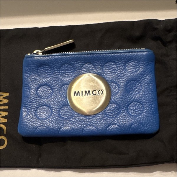 Mimco Blue Leather Zip Coin Wallet Coin Purse Pouch Embossed Logo