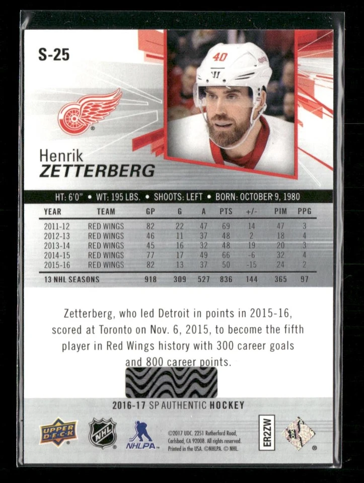 2016-17 SP Authentic #S-25 Henrik Zetterberg Spectrum FX - Image 2 of 2