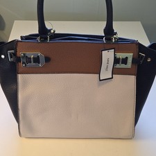 Nine West Colorblock Satchel Top Handle Bag Buckle Accent Black Brown Cream