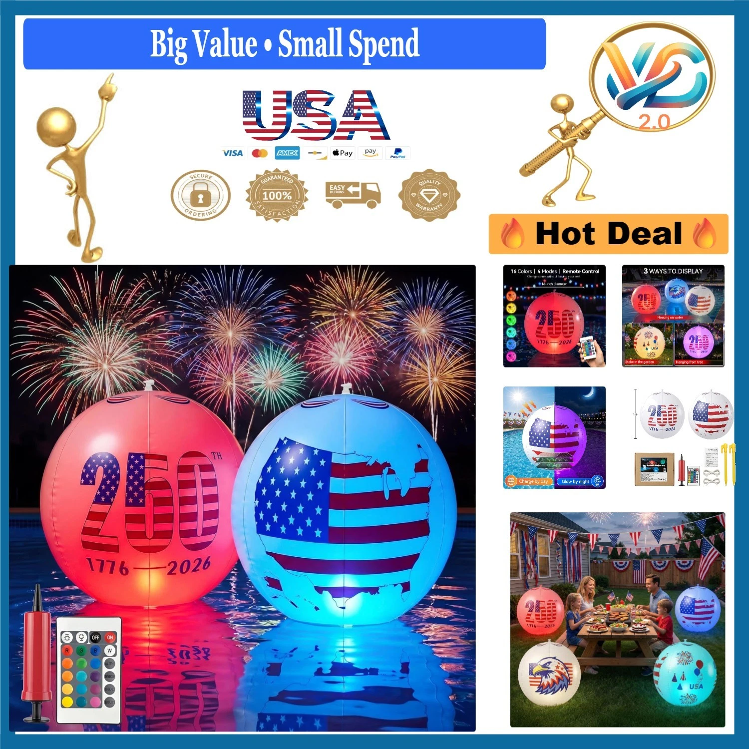 2 Pack Solar Float Pool Lights 16in Patriotic Inflatable Decor Wireless