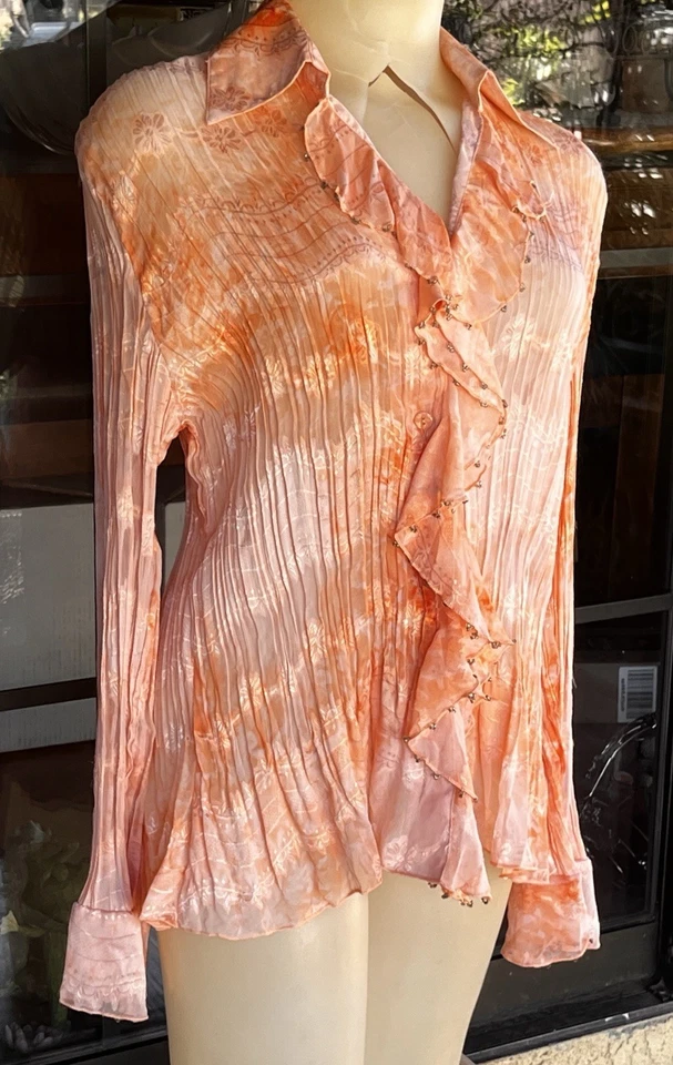 Blusa Pretty Angel Flores en relieve Volantes con cuentas Mezcla de seda Melocotón Arrugado Talla L Foto 3 de 4
