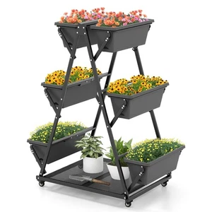 3-tier Boîte de planteur de jardin vertical avec roues verrouillables Trous de drainage pour Patio