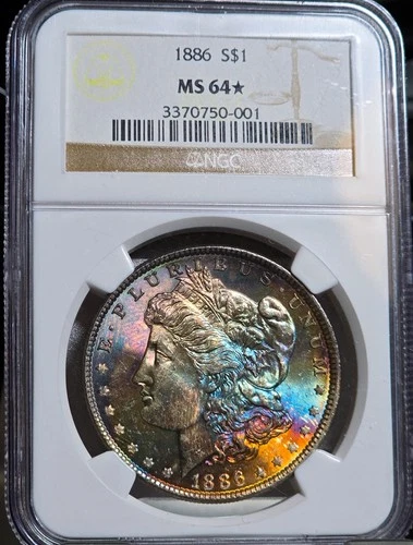 1886 Morgan Silver Dollar NGC MS64 STAR Textile Rainbow Neon Monster Toned Coin