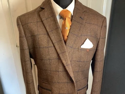 Mens Three Piece Suit Brown Check Tweed Cavani 50R W44L33 Wool Mix Peaky Blinder - Image 1 of 4