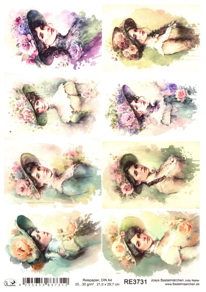 JOSYS BASTELMÄRCHEN Papel de arroz A4 seda de paja decoupage retrato de mujer sombrero de flores vintage RE3731