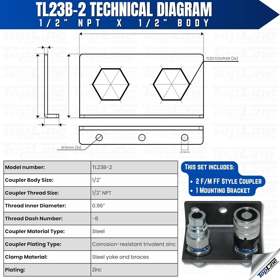 1/2" NPT Thread Flat Face Hydraulic Quick Couplers with Mounting Bracket TL23B-2 - Image 2 of 4