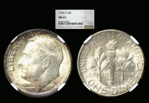 1954-S Roosevelt Dime graded MS67 by NGC! Lite Obv. Tone