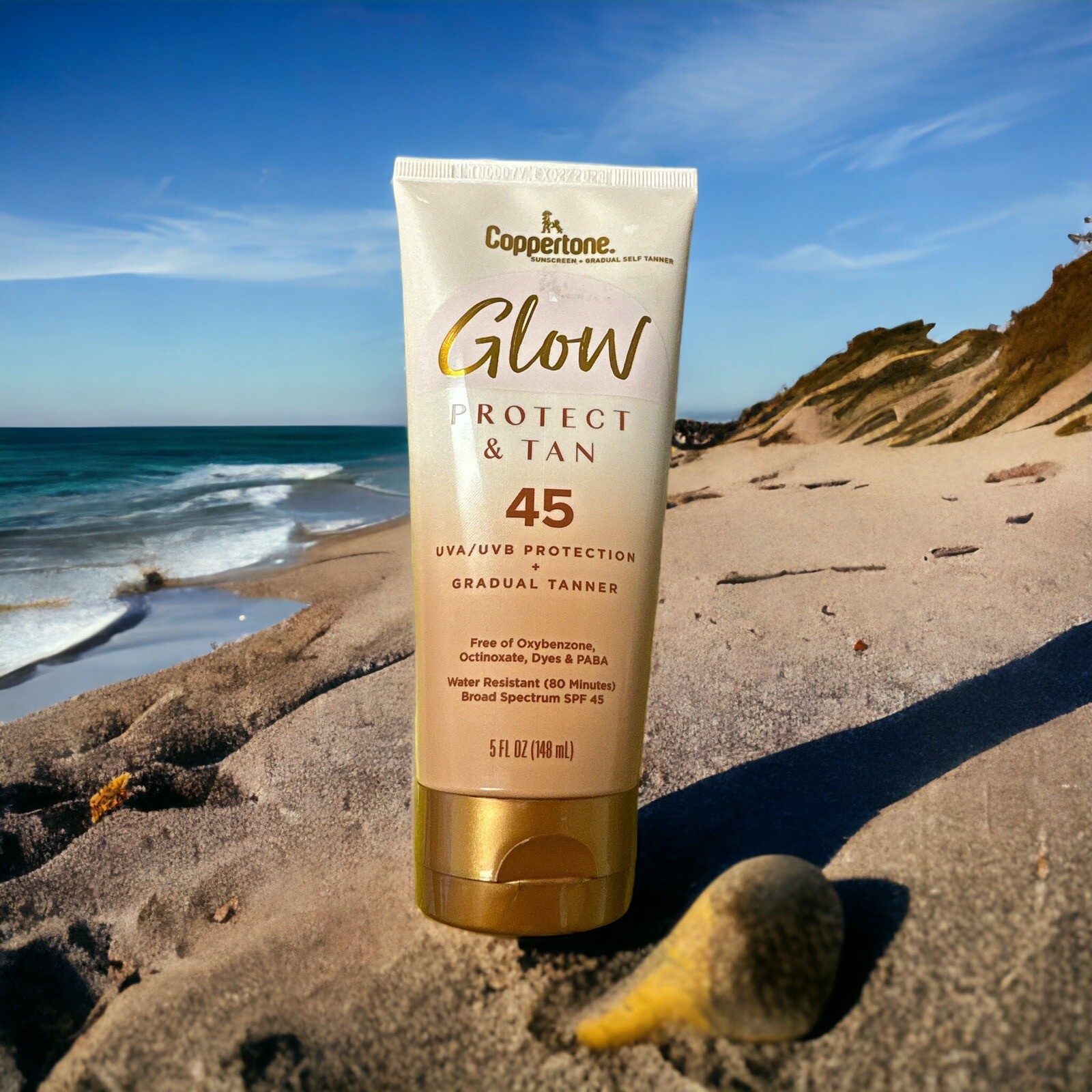 Loción protector solar Coppertone Glow Protect y bronceado con autobronceador gradual FPS45--5 oz