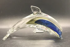 Hand Blown Art Glass Clear Yellow Blue Dolphin Approx 6” Long