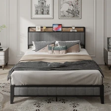 Full Size Bed Frame with Upholstered Headboard Metal Platform Bed w/ Outlet