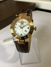 Versace XLQ70D498 S497 Women's MOP Gold Case Date & Brown Leather Strap Watch