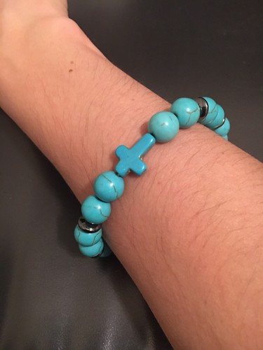 Mens 8” Turquoise Green Gemstone Howlite Beaded 10mm Stretch Bracelet Cross Gift - Picture 10 of 10