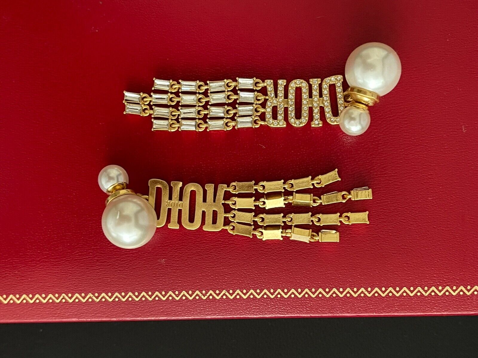 Gold Crystals Long Dior Drop Dangle Earrings - image 7