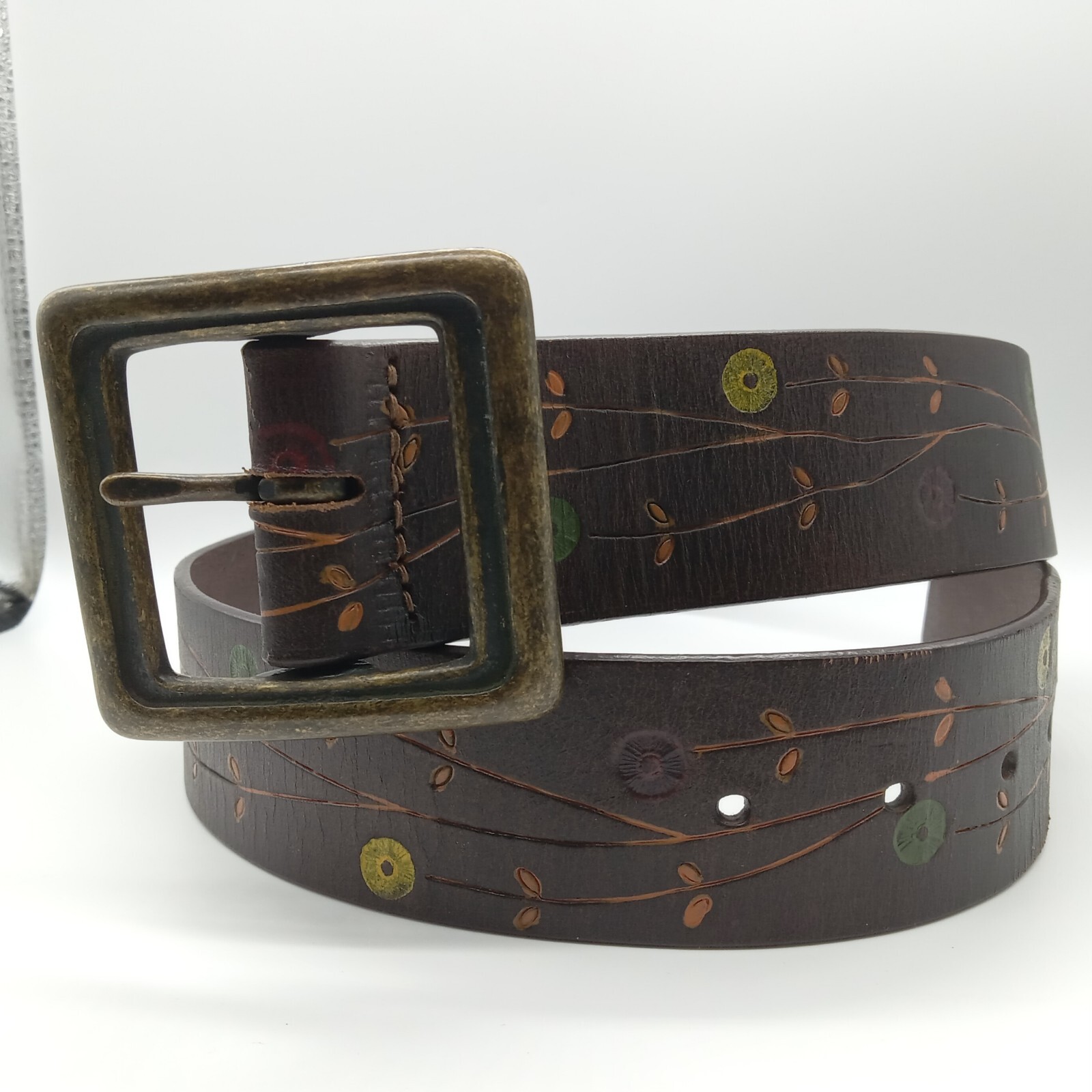 Vintage Guess Tooled Leather Belt Painted Flowers Floral Pattern Solid Brass