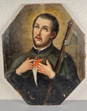Antique Spanish Oil Painting Saint Francis Xavier Sacred Heart St. 19th Century