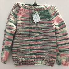 Handmade Knit Toddler Sweater Colors Dazzle in Pink Greens and Ivory 2T Vintage
