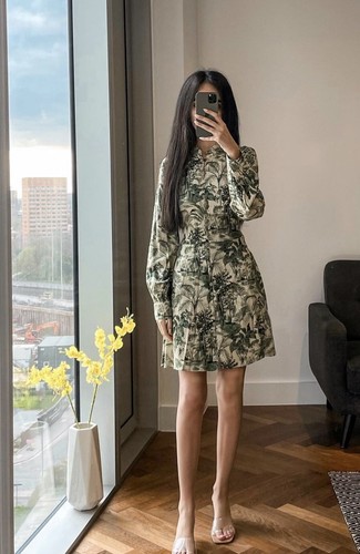 Zara Woman's Printed Shirt Dress Green 
