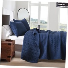 Quilt Set Queen Size Classic Geometric Spots Stitched Full/Queen Navy Blue