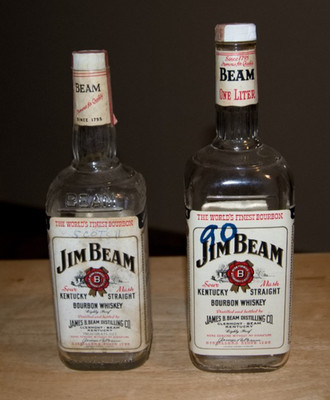 Jim Beam 2 Clear Glass Liquor Bottles 1977 and 1968 One Liter