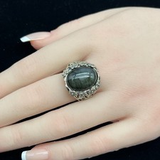 925 Sterling Silver Oval Labradorite Floral Cocktail Statement Ring Size 10
