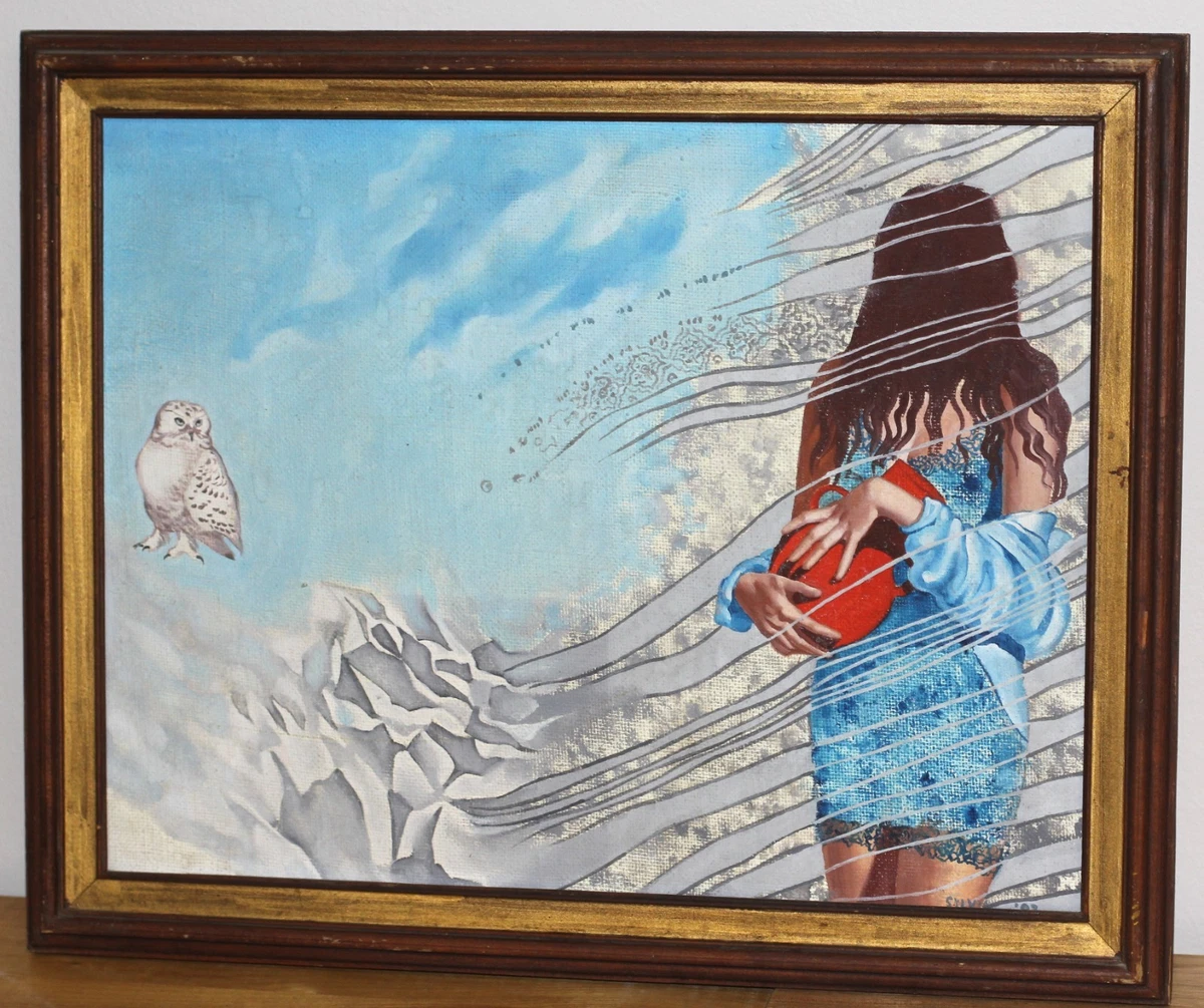 Beautiful Modern abstract oil painting Girl and Owl