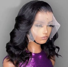 TEWJIG Lace Front HD Lace Human Hair Bob Wig Black Wavy Glueless Elastic Band