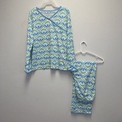 Garnet Hill Asian Wrap Pajamas Teal Green & Blue with White Organic Cotton Sz M