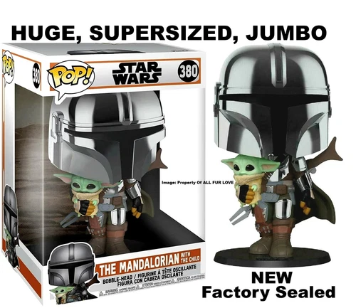 JUMBO Star Wars 10" Funko Pop Chrome Mandalorian With Baby Yoda Bobblehead, #380