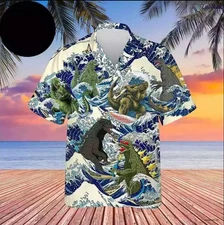 Godzilla Surfing Funny 2024 Trending Beach Hawaiian Shirt Size S-5XL